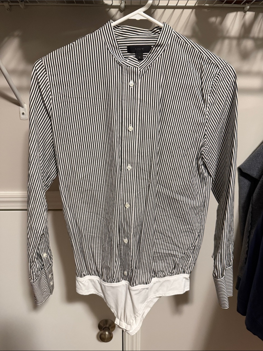 J. Crew Dark Navy and White Striped Band-Collar Bodysuit Shirt - Picture 3 of 6
